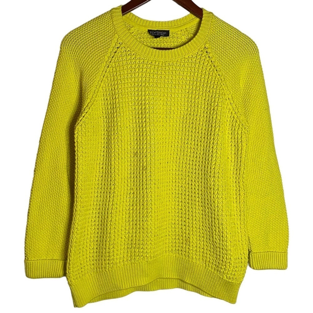 Topshop Chunky Waffle Knit Long Raglan Sleeves Crewneck Bright Yellow Sweater 6